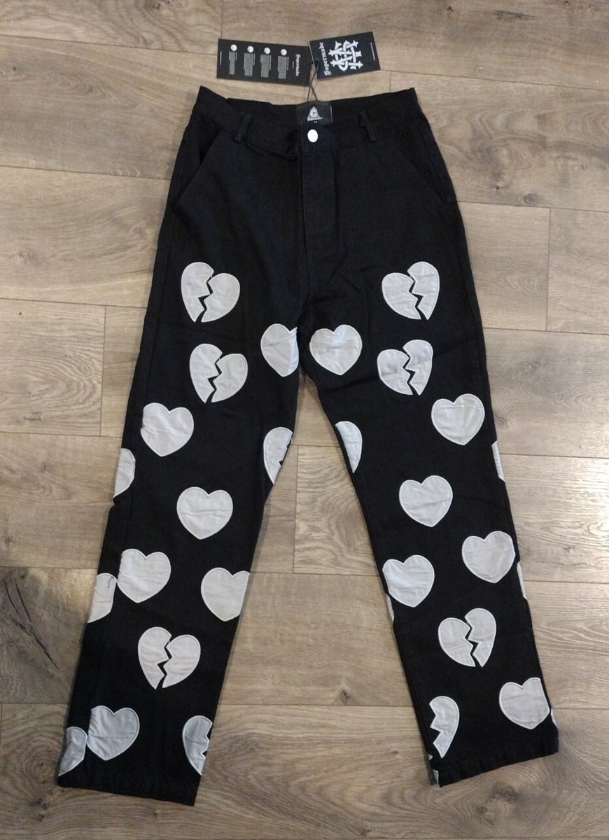 Supermade Hearts Print Ripped Jeans, Black / Medium size 
