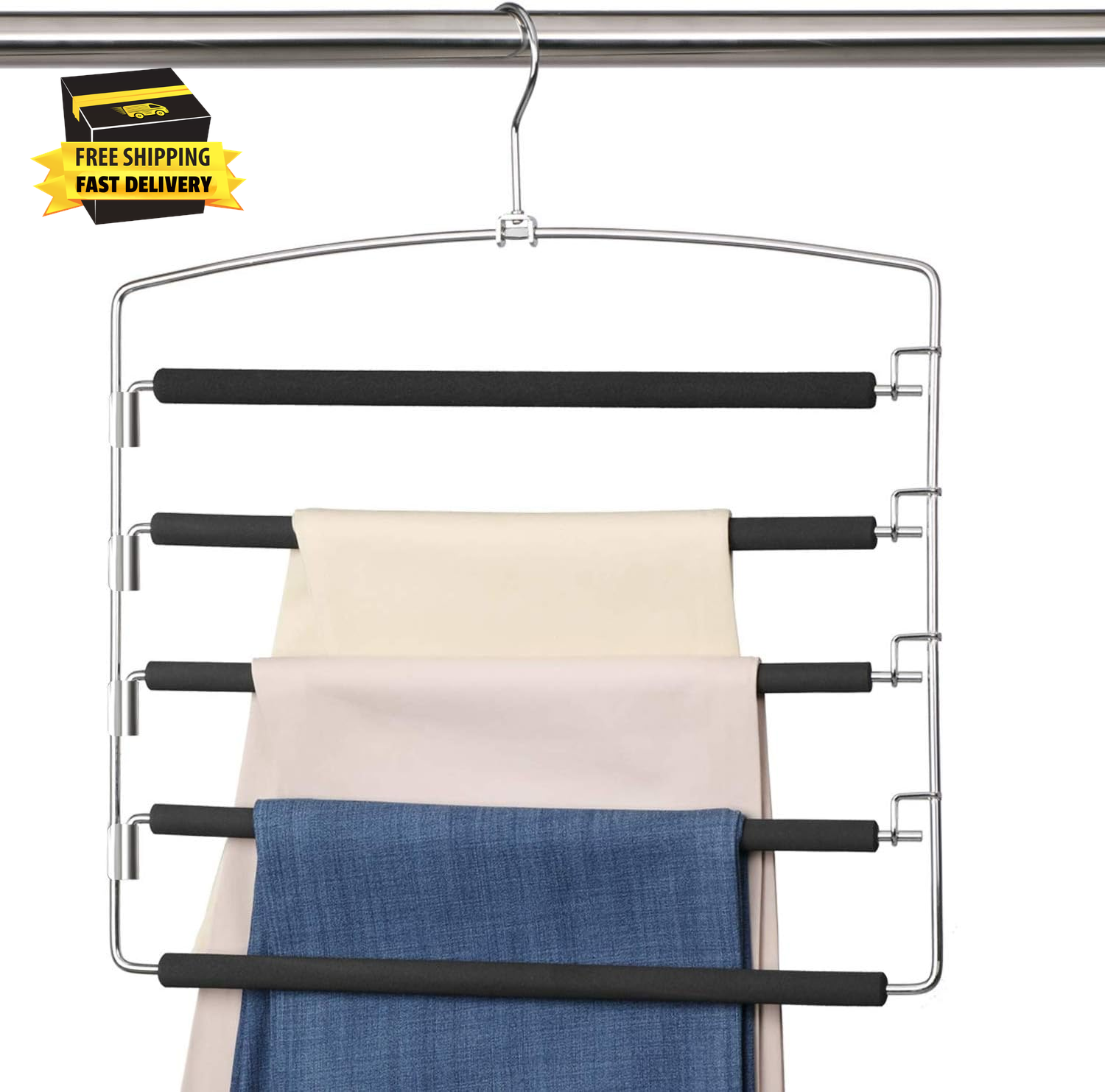 5-Layer Stainless Steel Non-Slip Foam Padded Pants Hangers Space Saver  -image