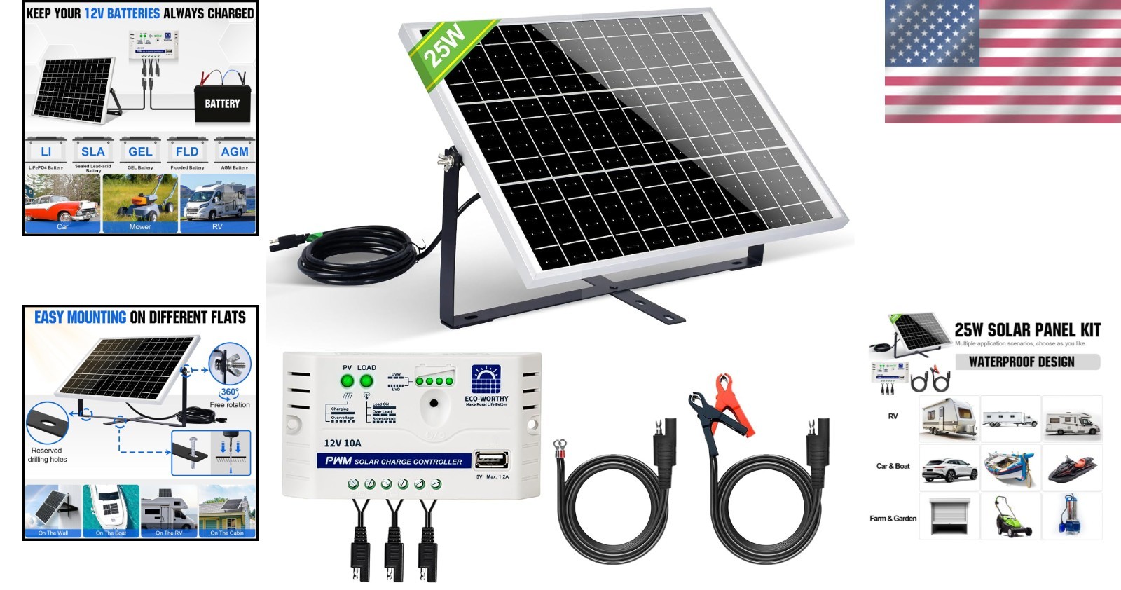 Solar Battery Charger Kit Waterproof 25W 12V Portable with Mount & Controller
