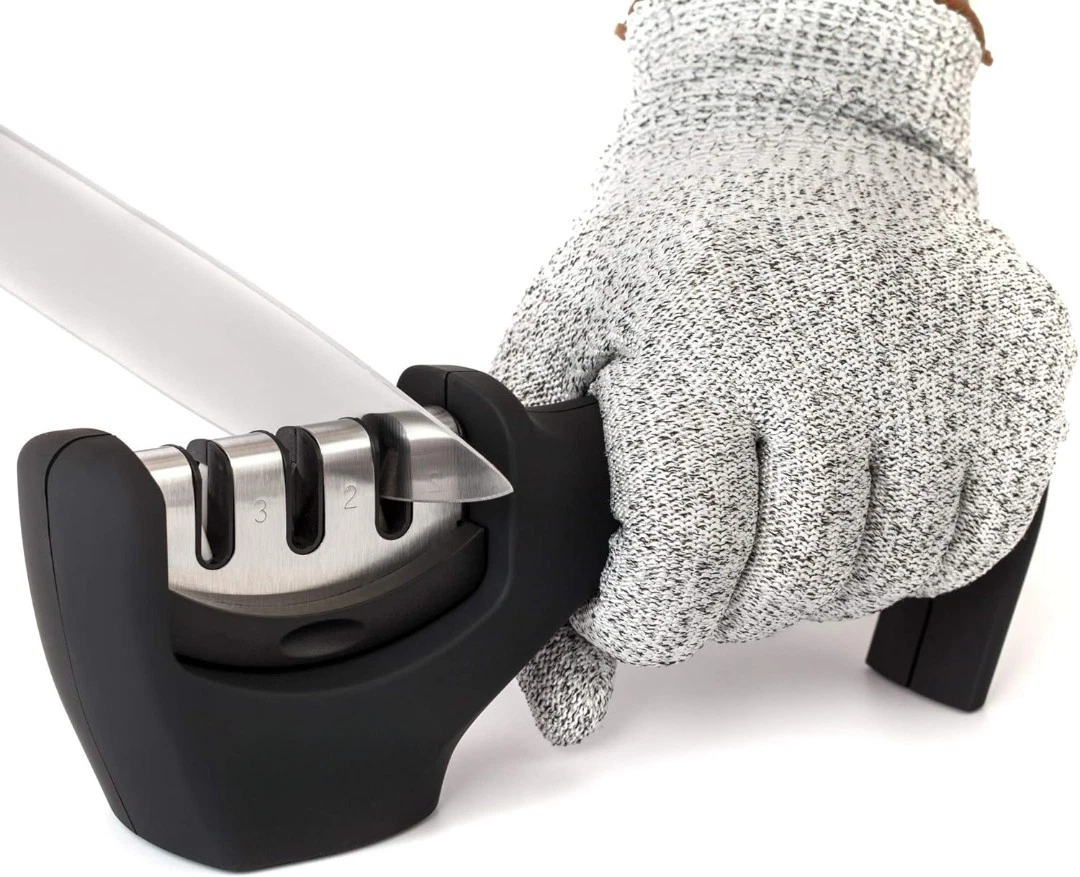 4-in-1 Knife Sharpener with Cut Resistant Glove –3 Stage Sharpen, Repair, Polish