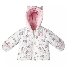 London Fog Baby Puffer Jacket White w/ Pink Pigs Fur Lined Hood 0-6m EUC