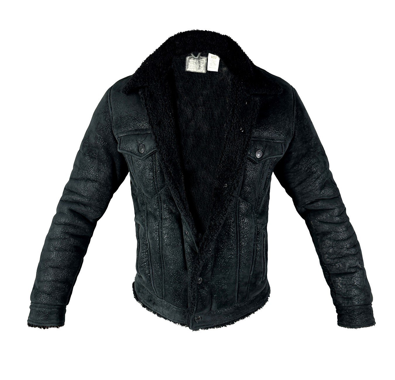 LEVI STRAUSS LEATHER JACKET Sherpa mens M coat levi's trucker black Vintage image 4