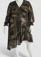 DKNY Women Black Gold Printed Asymmetric-Hem Midi Dress Plus Size 22W