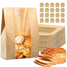 50PCS Paper Bread Bags with Window,35x21x9cm Kraft Bag with Stickers