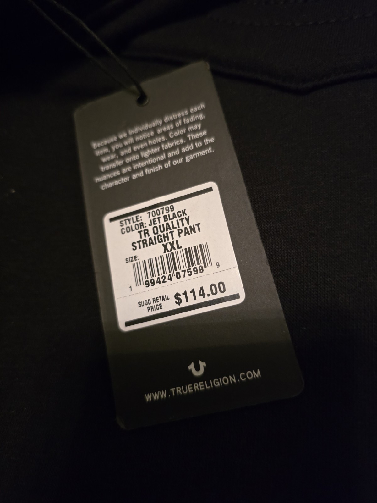 $114...True Religion size XXL Quality Straight Fleece Pant Jet Black. 700799. thumbnail 10