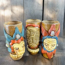 Mexican Aztec Warriors Shot Glass Art Polymer Clay Set 3 BarWare Heavy Glasses