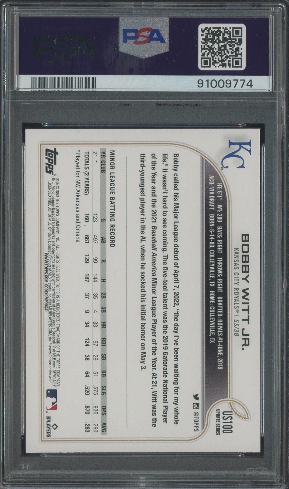 2022 Topps Update Bobby Witt Jr. RC Rookie RC PSA 10 view 2