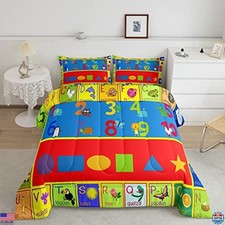 Twin Size Kids Educational Bedding Set, Numbers ABC Shapes Comforter, Fun Game
