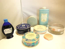 LOT of 8 ASSORTED VINTAGE VANITY POWDER BOXES, PERFUME BOTTLE & TANGEE ROUGE