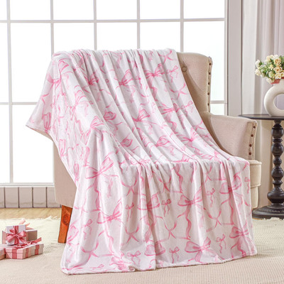 Preppy Coquette Pink Bow Printed Throw Blanket Aesthetic Room Decor