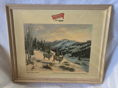 Vintage Great Falls Select Beer DEER COUNTRY IN WINTER Les Peters Cardboard Sign