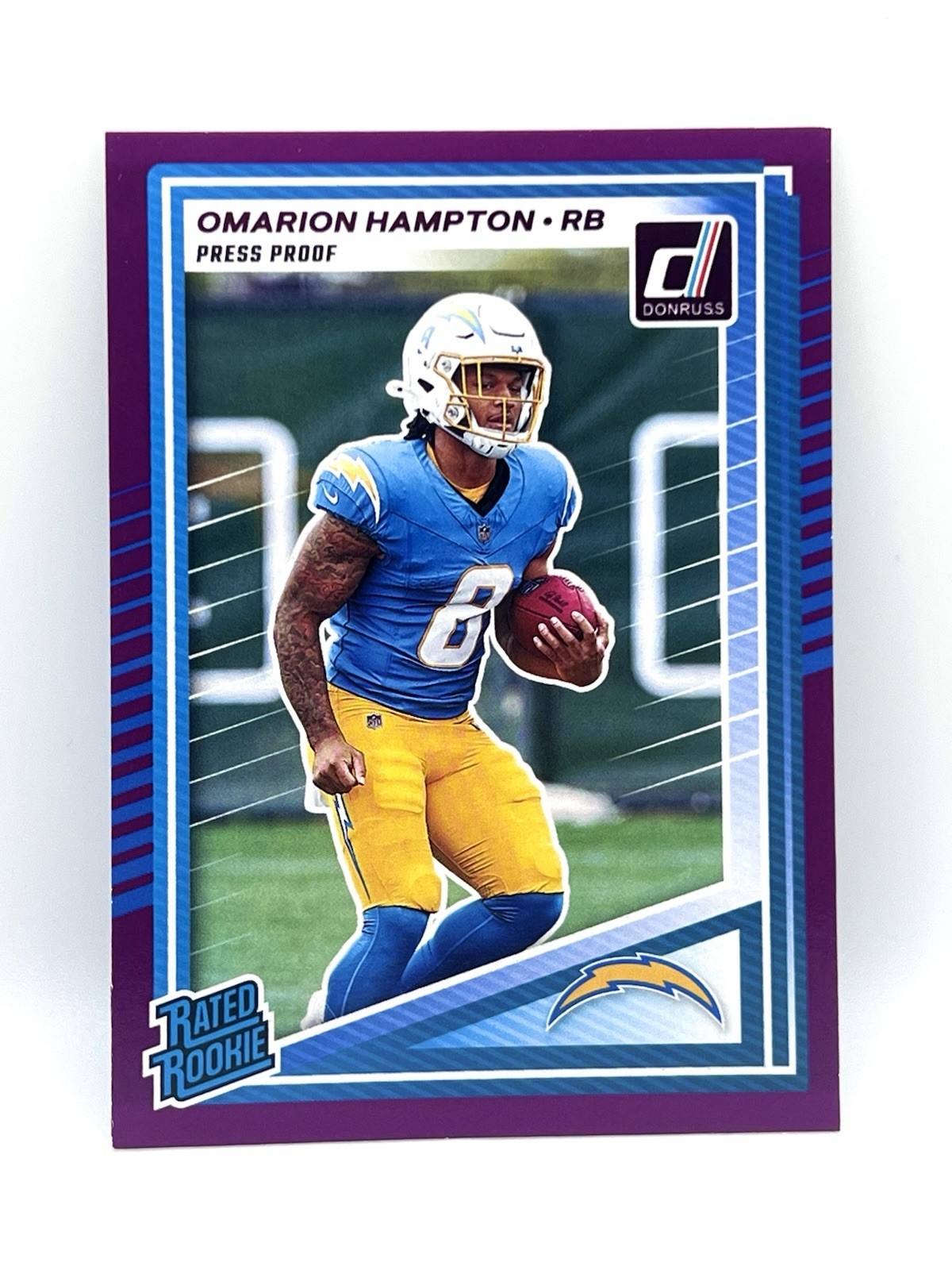Omarion Hampton 2025 Donruss Rated Rookie Purple Pres Proof CHARGERS
