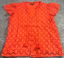 Lauren Ralph Lauren Top Womens Large Orange Overlay Tassel Geometric Button