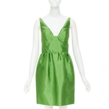 PRADA 2022 Kelly green duchess silk V-neck sleeveless mini dress IT42 M