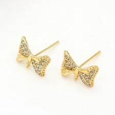 2Pairs 18K Gold Plated Stud Earrings Connector, Cubic Zirconia Micro Pave BOW E