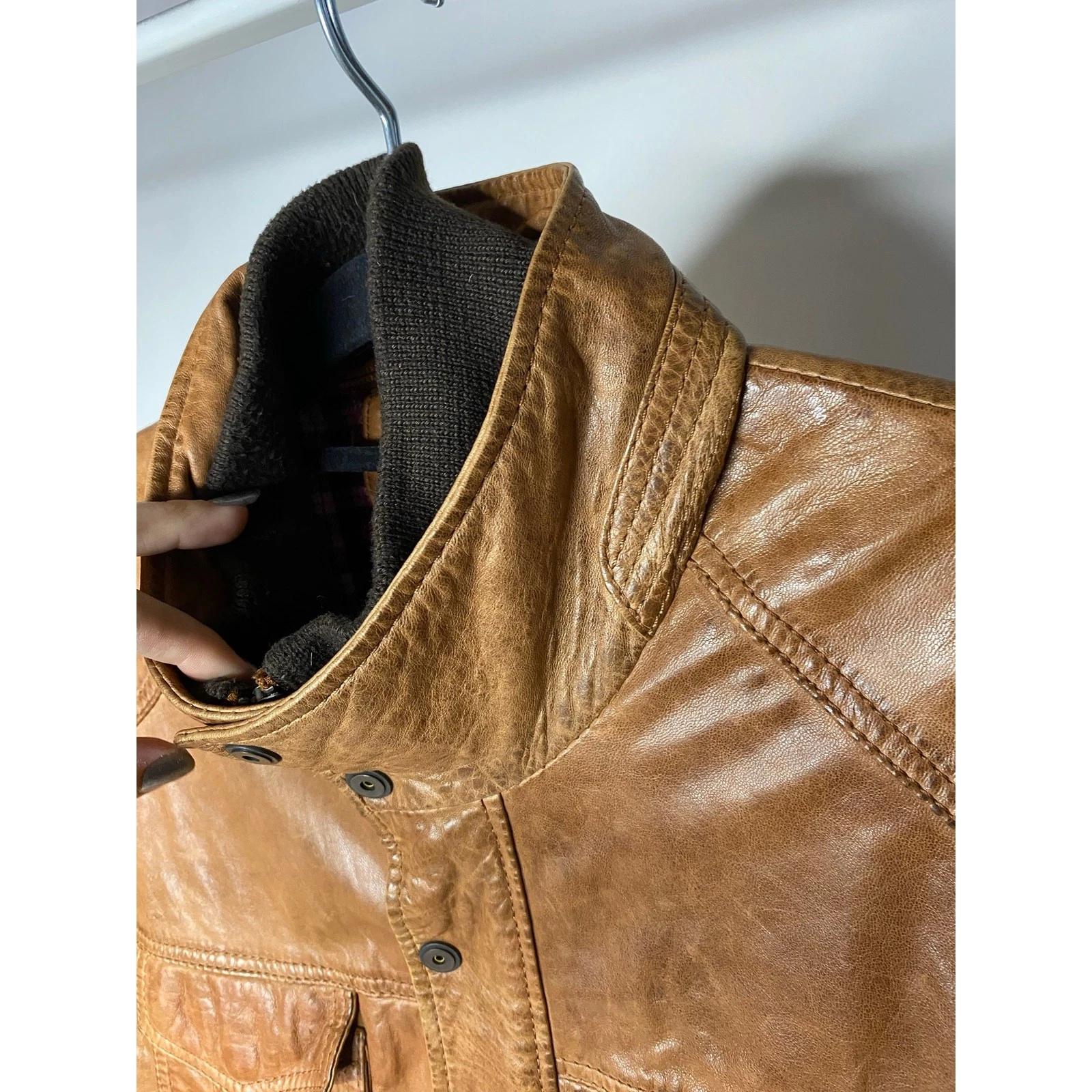 Carbon2Cobalt Men's Large Leather Bomber Jacket Brown Double Zip Up Mock - product detail image 3