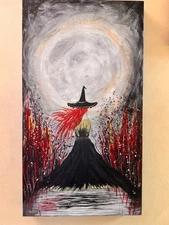 *~* HAND PAINTED  WITCH *~* GNARLY TREES *~* HALLOWEEN *~* On  Canvas 18x 10