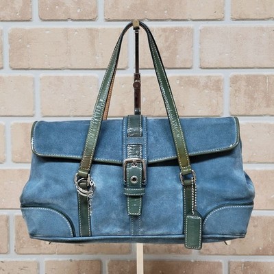 Vintage COACH 9270 Hamptons Schultertasche blau x grün Wildleder Schnalle...