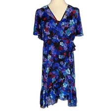 Calvin Klein Faux Wrap Chiffon High-Low Dress, Sz 12, Flutter Sleeves, Floral