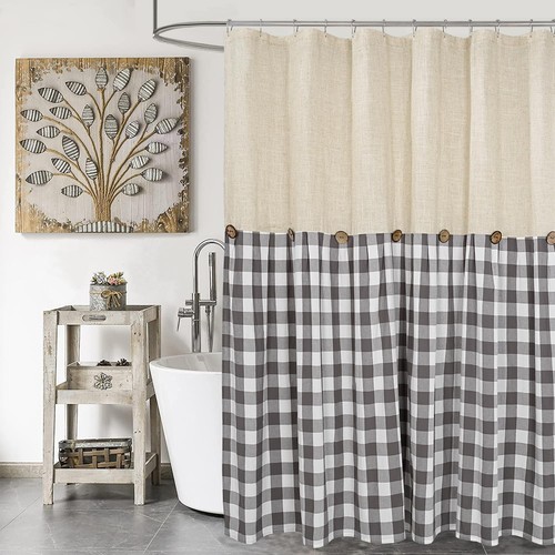 Linen Button Farmhouse Shower Curtain,Linen and Cotton Fabric,Pleated Gray an...