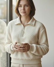 NWT Sonoma Women's Cream Sweatshirt Size M, Quarter Zipper Long Sleeve