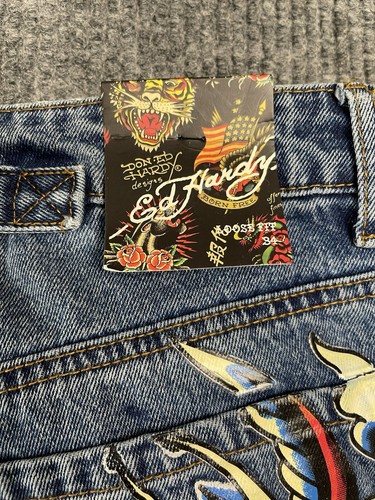 Ed Hardy Women 34 Born Free Painted Birds Loose Wide Leg Skater Denim Y2K NEW - Picture 12 of 18