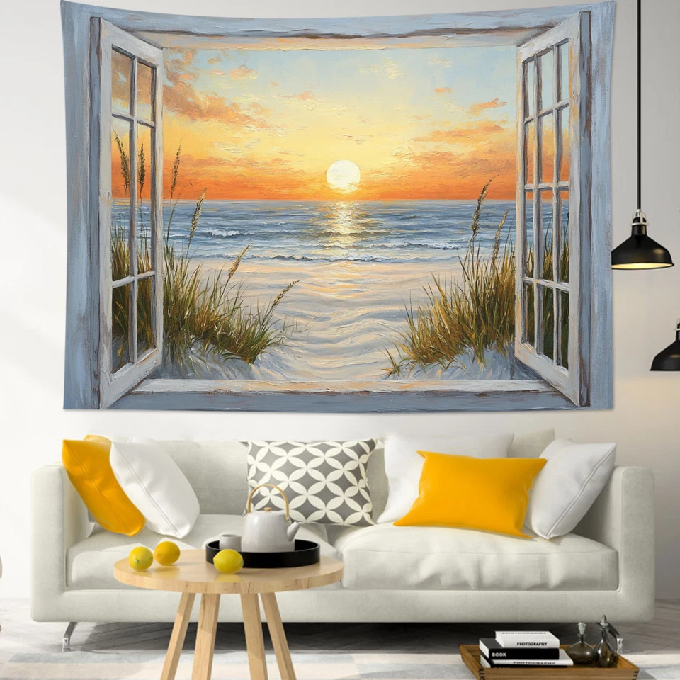 Tapiz costero acuarela océano puesta de sol playa para dormitorio sala dormitorio Foto 4 de 4