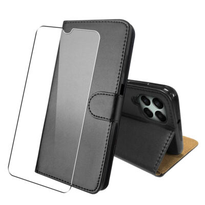 Wallet Leder Flip Case für Samsung Galaxy M33 und Glas Displayschutz Schwarz