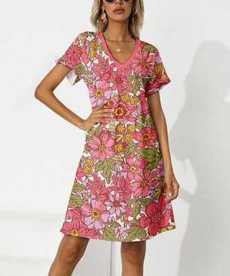 PixieLady Pink Green Floral V-Neck Shift Dress Size Large