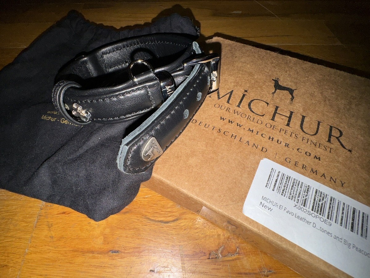 MICHUR BLACK LEATHER DOG COLLAR PEACOCK EYE MADE IN GERMANY S/M