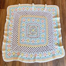 Vintage Pastel Rainbow Hand Crocheted Baby Blanket 34 X 34