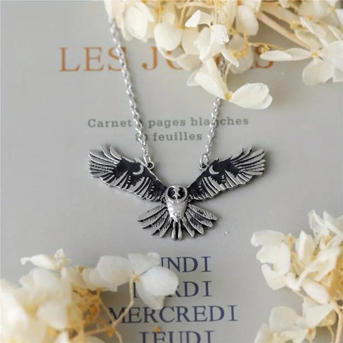 Collier argent hibou lune forêt rétro forêt hibou collier phase de lune art bijoux - Photo 2/10