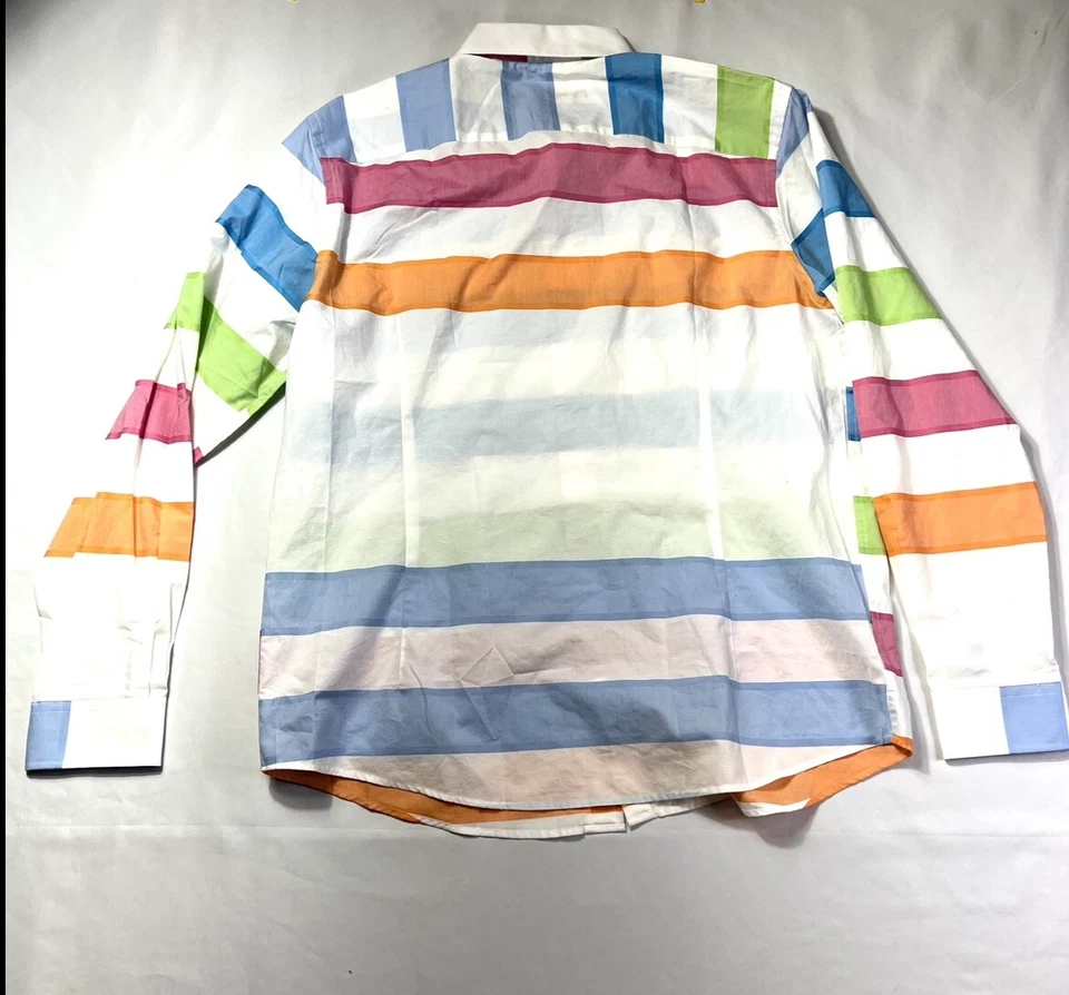 REPORT COLLECTION Men's Button Front Shirt ~ XL Blue Green White Orange Stripe - Image 3 of 4