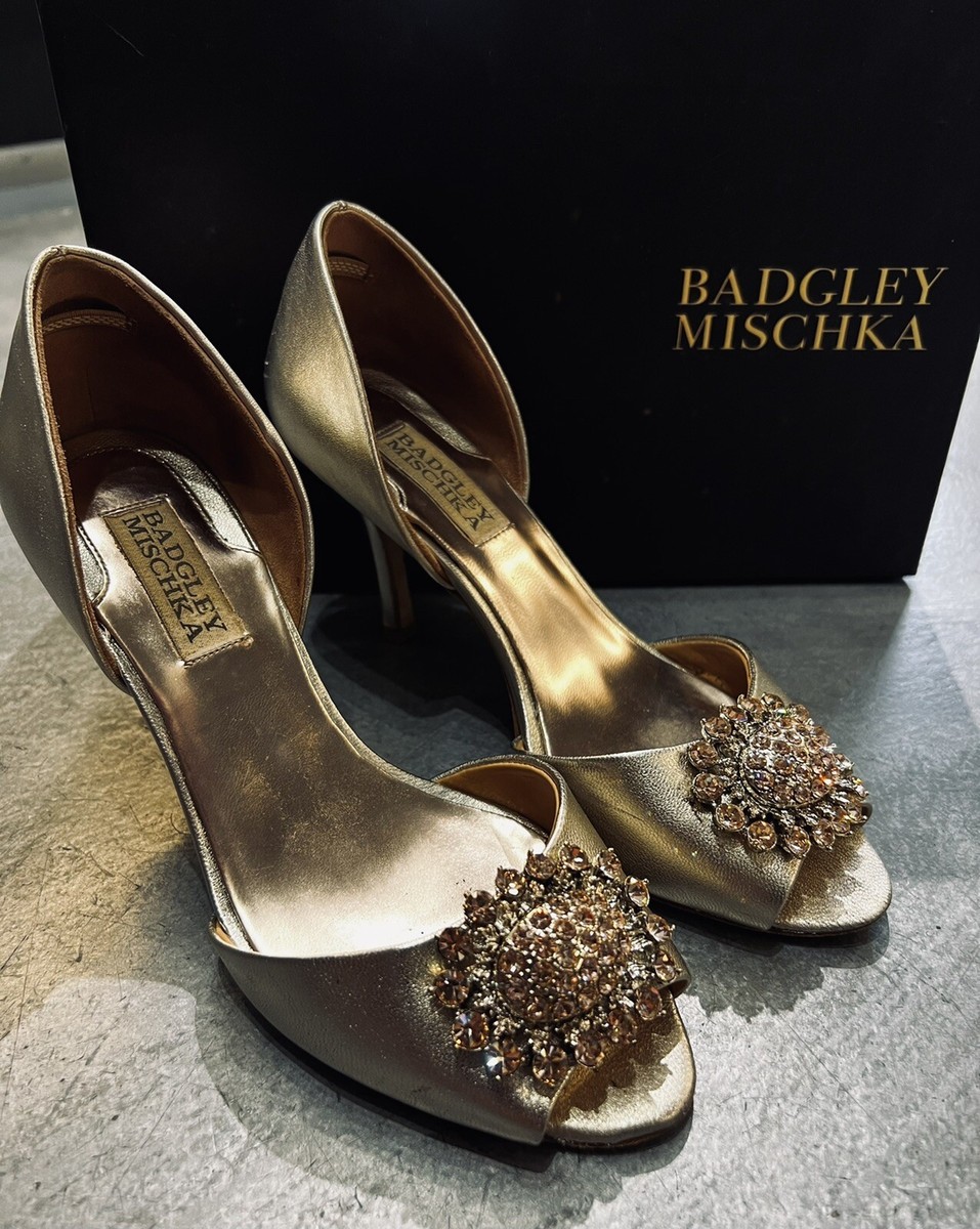 BADGLEY MISCHKA Metallic Leather Lacie Rose Gold Peep Toe Pump Heels $265