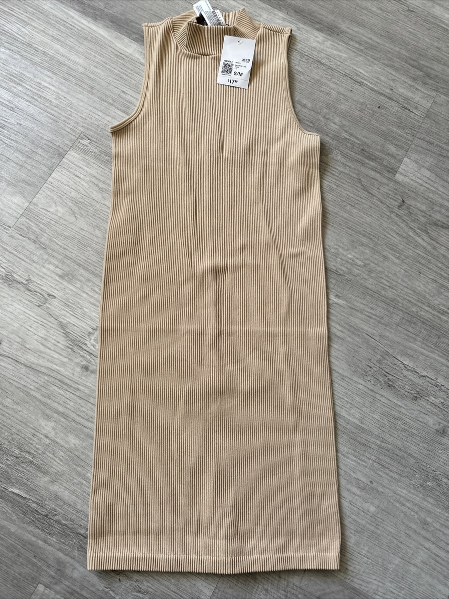 Forever 21 Dress Womens S/M Ribbed Knit Sleeveless Mock Neck Mini Taupe Beige