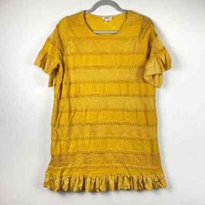 Umgee Mustard Yellow Tiered Lace Stripe Ruffle T-Shirt Dress Crewneck Casual S