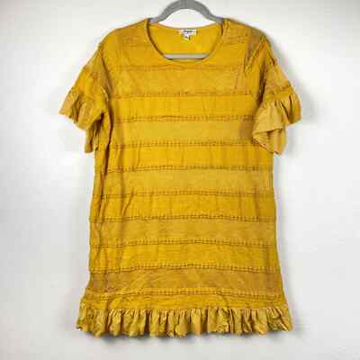 Umgee Mustard Yellow Tiered Lace Stripe Ruffle T-Shirt Dress Crewneck  Casual S