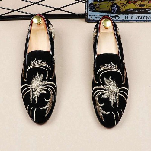 Herren Samt Bestickt National Oxford Slip-On Slipper Kleid Kunstwildleder Schuhe - Bild 5 von 6