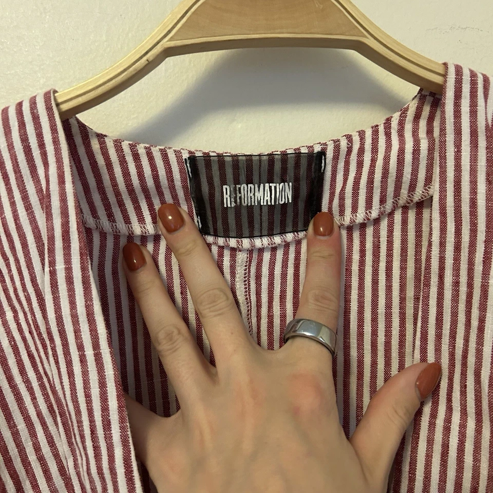 Reformation Cecilia Mini Dress Linen Pink White Striped Belt 6 - Missing Button - Image 3 of 4