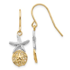 14k Yellow Gold Starfish Sand Dollar Dangle Earrings Shepherd Hook Mother Gift