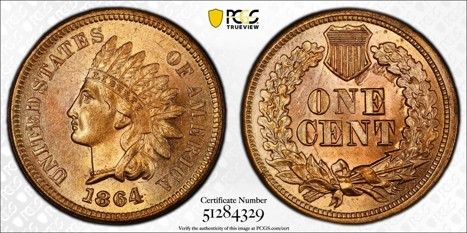 Centavo cabeza india 1864 L en cinta 1c graduación profesional detalles sin circular