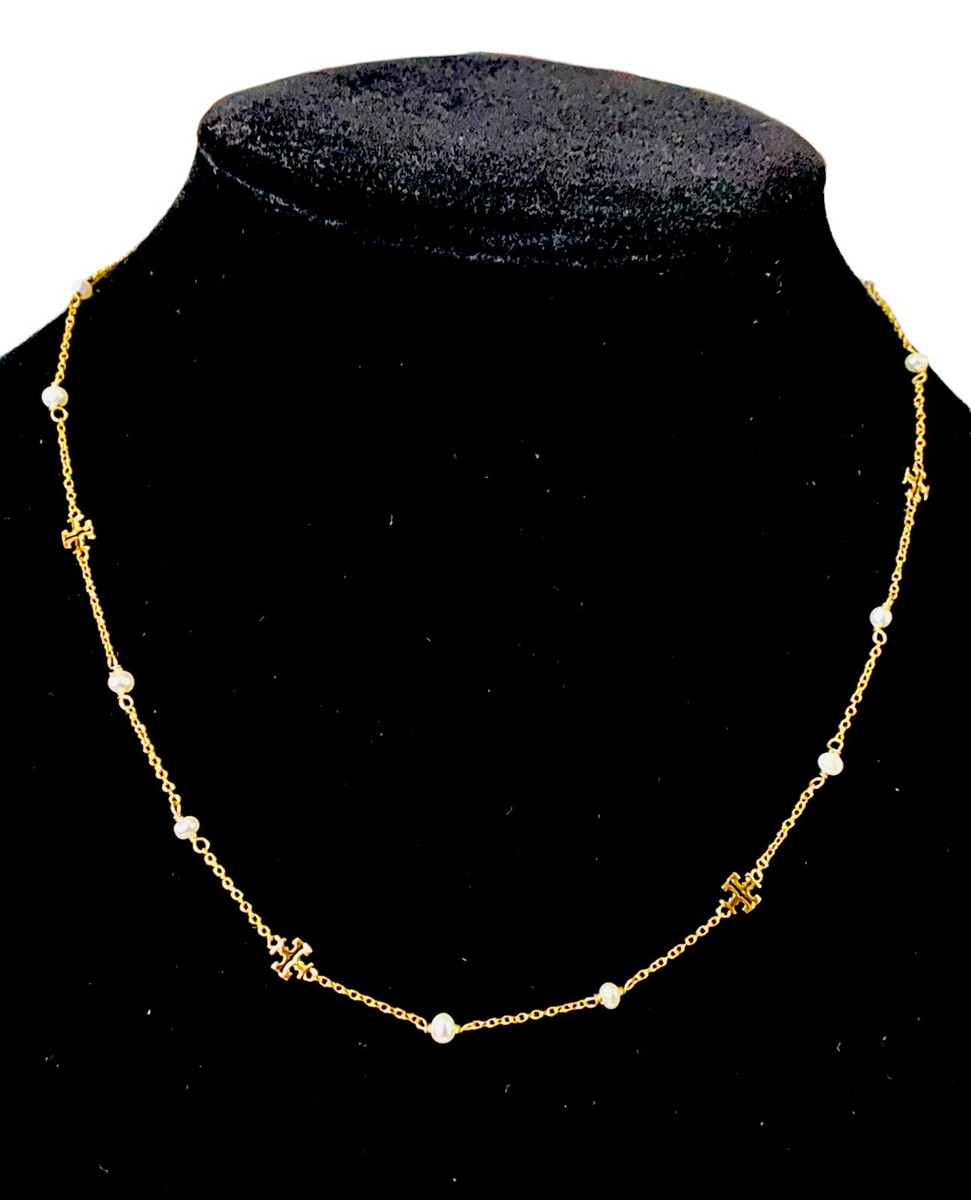 【BLACKPURPLE】TORI PEARL CHAIN NECKLACE Auth NEW Stunning Tory Burch Kira Cultured Pearl & Logo