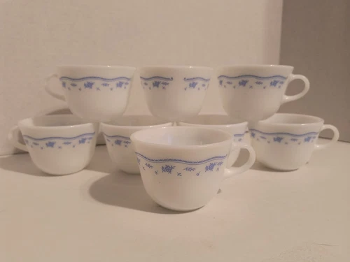Vintage Pyrex Coffee Tea Cup Mug Morning Blue Flowers Set of 8 Cups Made in USA