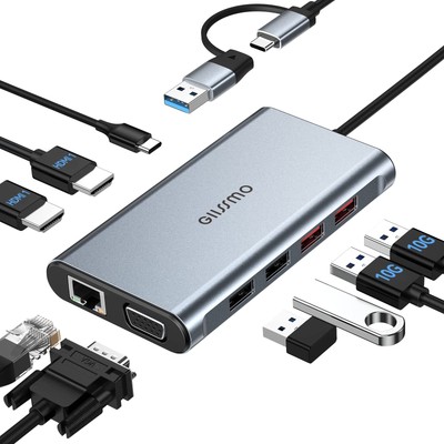 USB Docking Station Dual Monitor, 9-in-1 USB A 3.0 / USB C Docking Station Tr...