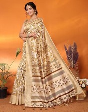 Women's Printed Kalamkari Art Silk Saree With Tassels and Unstitched Blouse