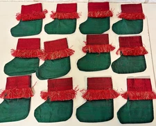 (12) Silk Blend Christmas Mini Stockings 5”- Red Fringe & Green - Gift Card Size