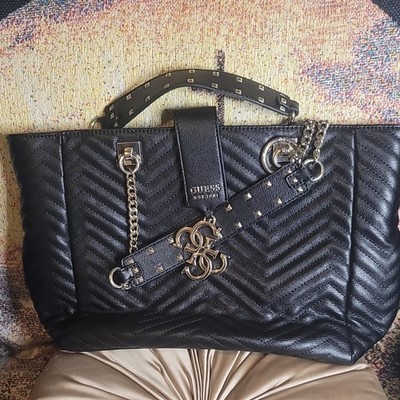 GUESS Black Chevron Quilted Tote Bag Large Magnetic Closure Chain Strap