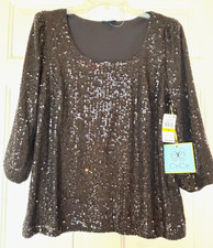 CeCe Sequin Shirt Black Long Sleeve Size Womens M NEW $89