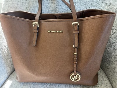 Michael Kors Jet Set Travel Med. Saffiano Leather Tote-Luggage Brown Clasp