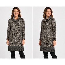 Tacera Petite PXL Black Tan Geometric Cowl Neck Knit Tunic Dress 1630HP NEW